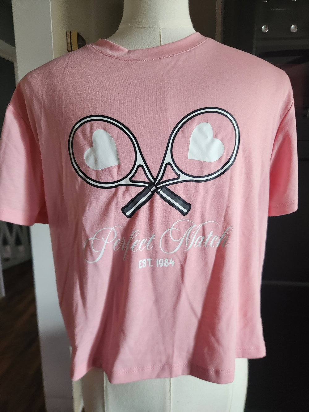 Freshman Pink Short Sleeve Tee with Tennis Racket Heart Graphic